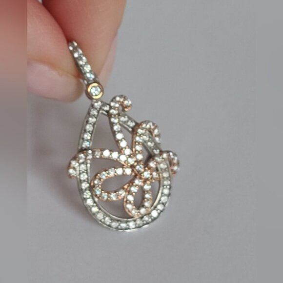 Sterling Silver Rose Gold Tone Crystal Butterfly Leaf Pendant - Picture 9 of 11